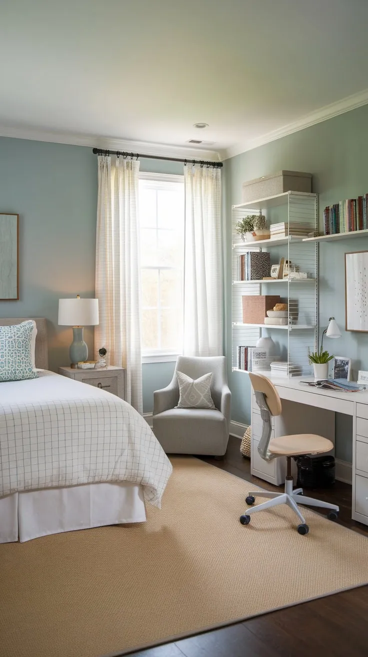 A serene blue guest room cleverly combines relaxation with crafting, featuring a queen bed, desk, and bookshelf for ultimate comfort and creativity