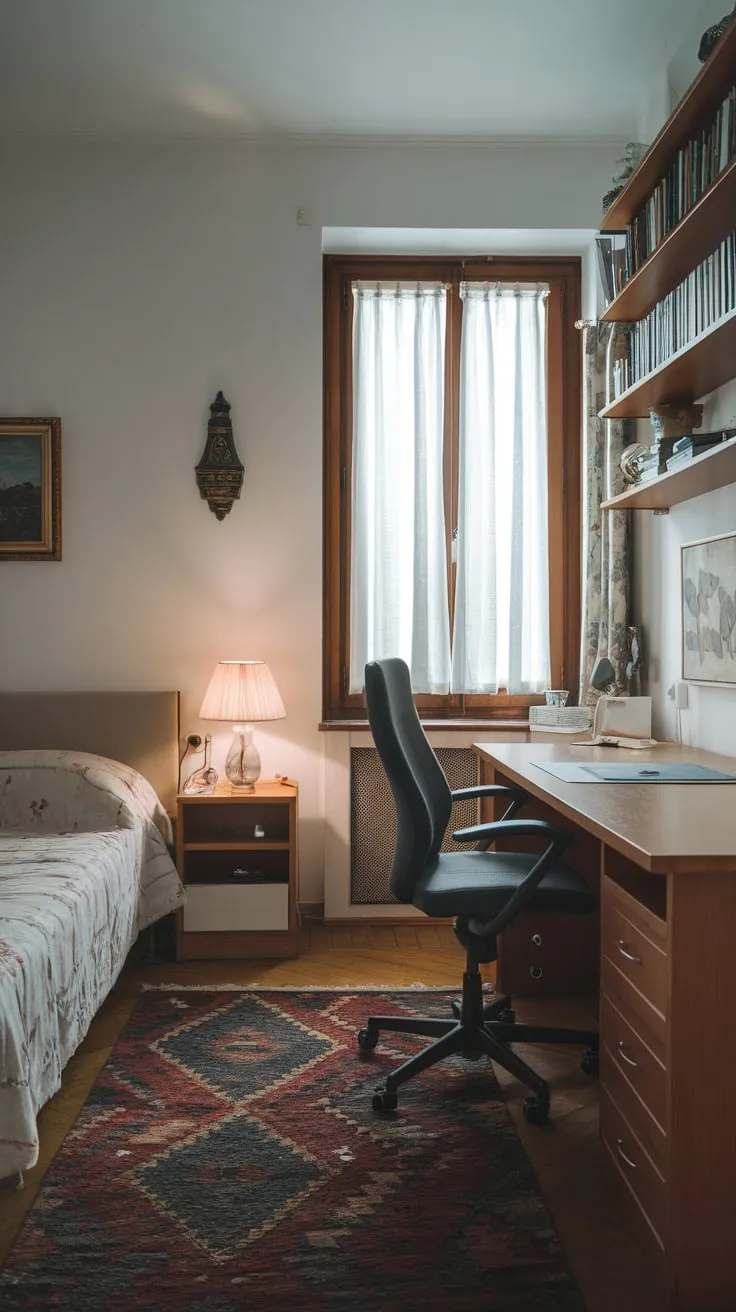 A versatile guest room cleverly combines sleeping and crafting areas, offering both comfort and creative workspace.