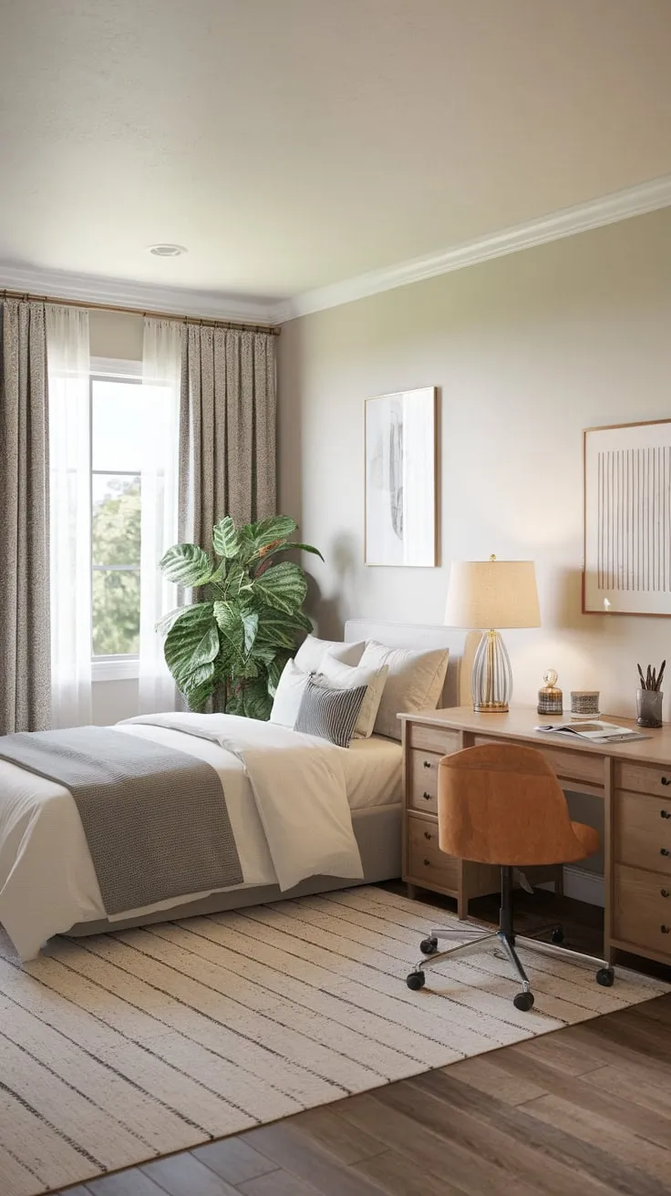 A serene guest room cleverly combines crafting space with a queen bed and desk, bathed in natural light and warm wood tones.