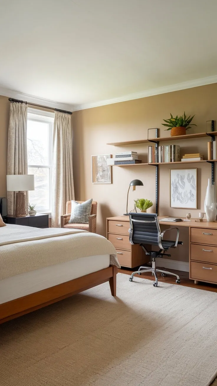 A beige-walled spare room cleverly combines a queen bed, home office desk, and shelving for both comfortable guests and creative pursuits.