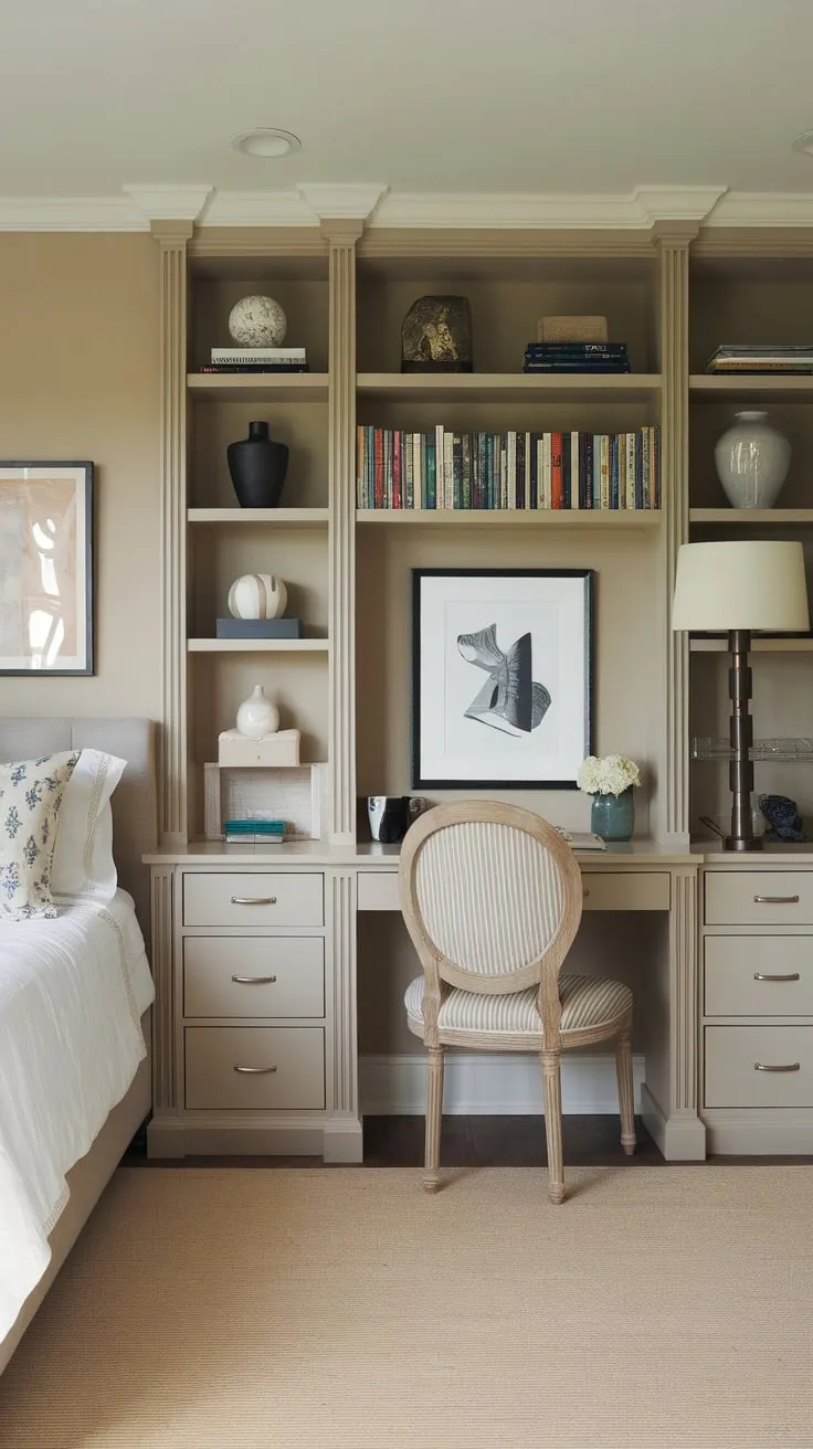 Transform your spare bedroom into a stylish guest room and inspiring craft haven with a built-in desk and bookshelf.