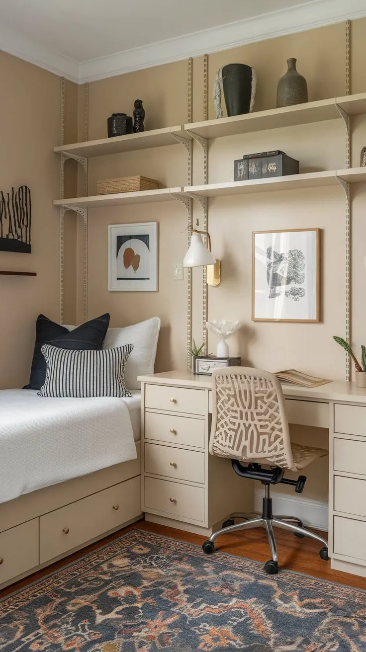 A cozy beige guest room cleverly combines relaxation with crafting, featuring a comfortable bed and a well-equipped desk area.