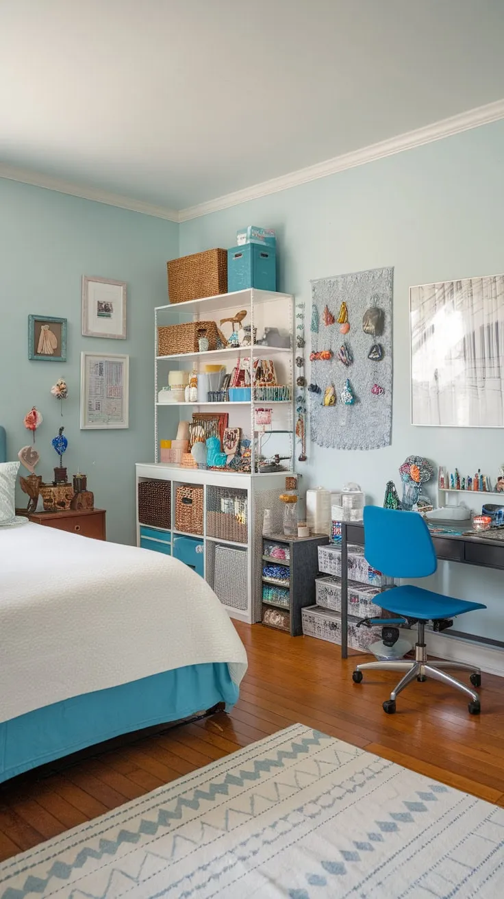 Hardwood floors and light blue walls create a calming yet inspiring space where crafting and comfortable sleeping coexist.