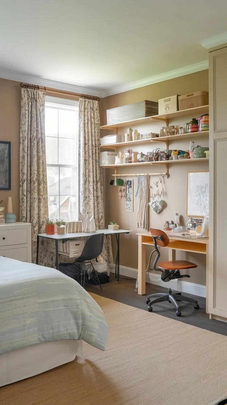 This spare room office maximizes space with a clever guest room craft room combo.  The perfect blend of comfort and creativity, it seamlessly transitions from a cozy guest bedroom home office to a dedicated craft area, offering a versatile office and guest room solution.  This bedroom office combo proves that functionality and style can coexist beautifully in even the smallest space.