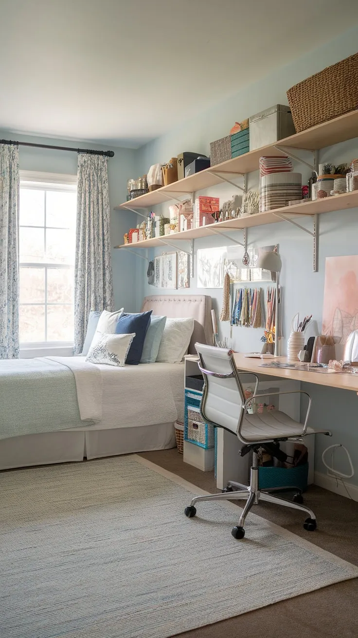 This serene guest room craft room combo offers the perfect blend of comfort and creativity.  A cozy bed invites relaxation, while the well-organized desk and shelves provide a dedicated space for crafting or working, making it an ideal guest room office combo, spare bedroom office, or office and guest room solution.  The light blue walls and soft rug create a calming atmosphere, transforming this spare room office into a versatile and inviting space.