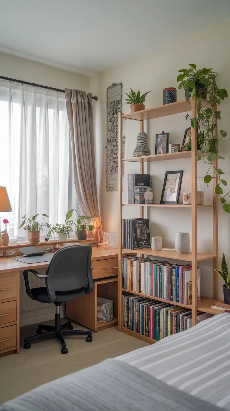 Sunlight streams into this perfectly balanced guest room craft room combo, a serene space where creativity and comfort collide.  The dedicated desk area seamlessly integrates into the restful bedroom, making it the ideal spare bedroom office for focused work or relaxing downtime.