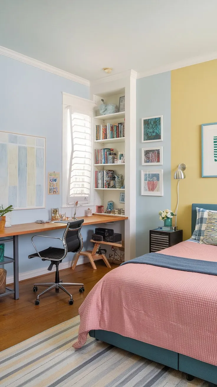 This guest room craft room combo is the perfect blend of functionality and style.  A tranquil retreat for guests, it seamlessly transforms into a productive workspace with the desk and bookshelf.  This guest room office combo, or bedroom office combo, offers the best of both worlds – a comfortable spare bedroom office, and a dedicated space for creativity.  Whether it's a spare room office or an office and guest room, this design maximizes space and offers ultimate versatility.