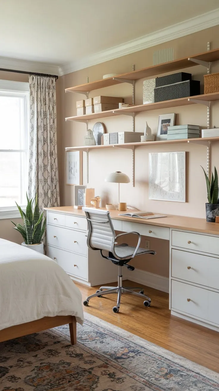 A beige-walled haven seamlessly blends restful guest quarters with a functional craft space, complete with bed, desk, and ample shelving.
