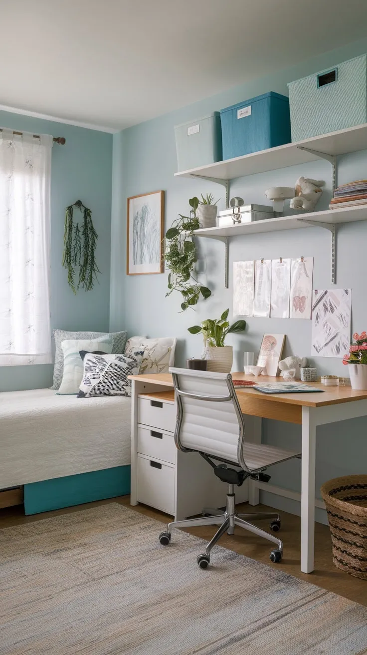 A light blue haven seamlessly blends restful sleep with creative pursuits in this guest room craft room combo.