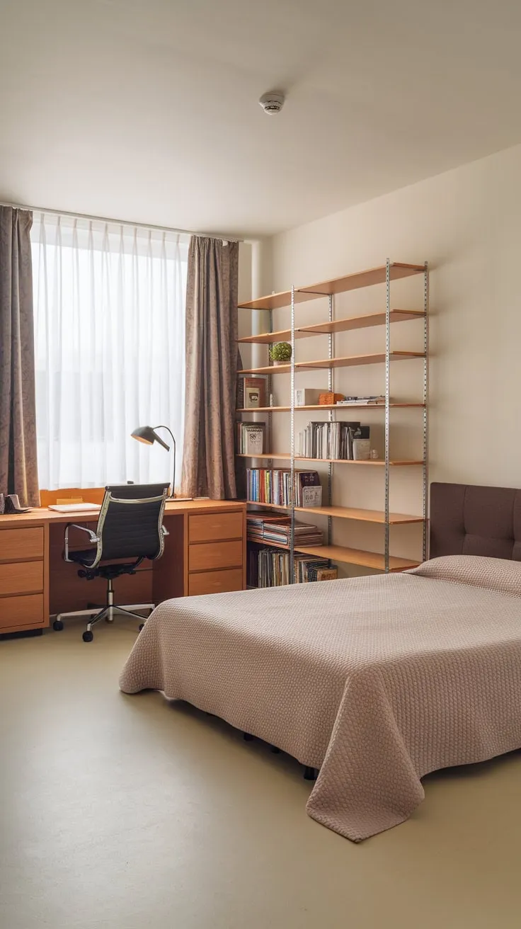 Light beige flooring and a window with curtains create a calming atmosphere in this multifunctional guest and craft room.
