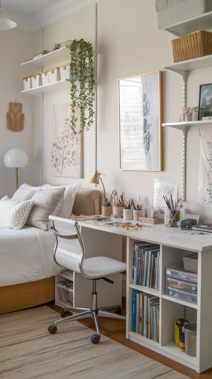 A multifunctional guest room cleverly blends comfortable sleeping space with a dedicated craft area, seamlessly integrating work and relaxation.