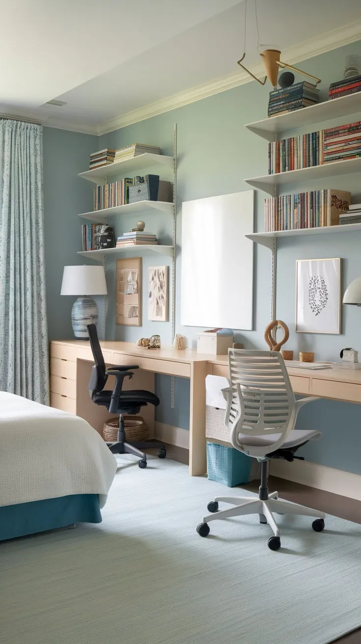 Transform your spare room into a multifunctional haven with a queen-size bed, crafting desk, and ample storage, all in a calming blue palette.