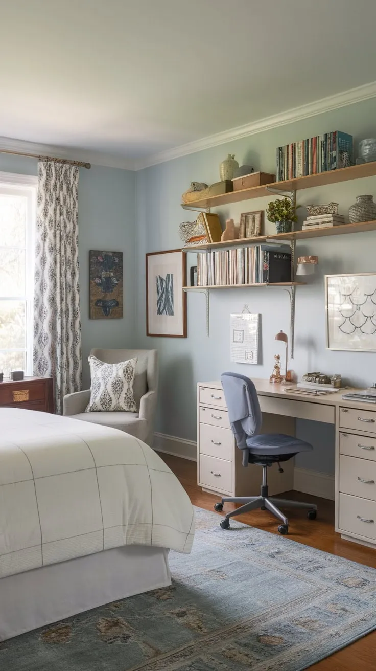 A light blue haven seamlessly blends queen-size comfort with crafting creativity in one stylish room.