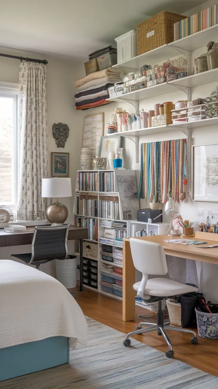 A versatile guest room cleverly combines comfortable sleeping space with a dedicated craft area, boasting ample storage for supplies and creative inspiration.