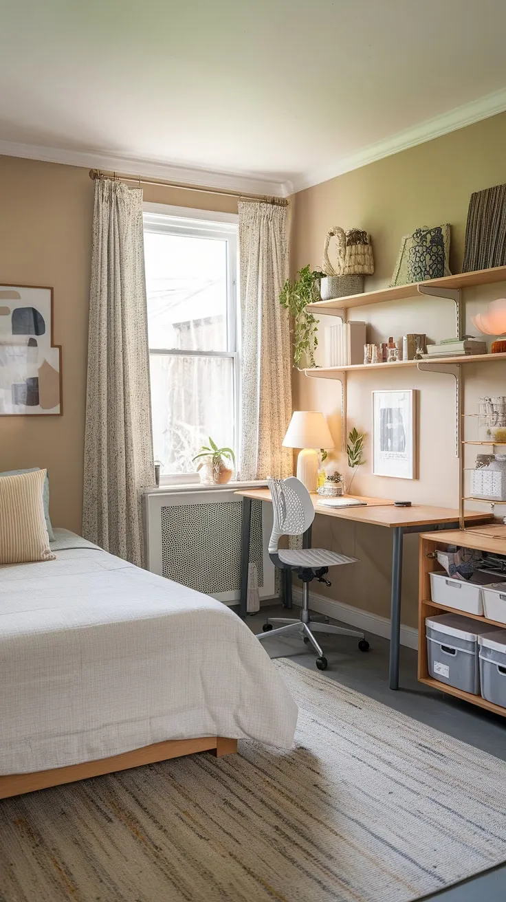 This spare room office maximizes space with a cozy guest room craft room combo, seamlessly blending work and relaxation.  The perfect guest bedroom home office, offering both comfort and functionality.