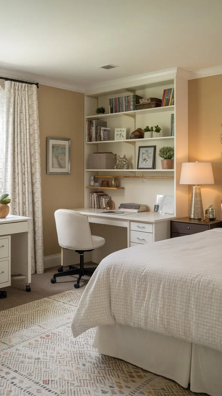 A cozy beige guest room cleverly combines relaxation with crafting, featuring a queen bed, desk, and bookshelf for ultimate comfort and creativity