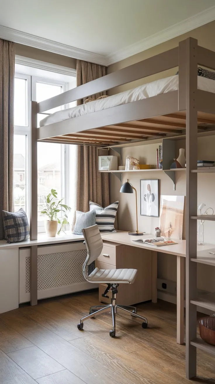 A loft bed and desk create a versatile spare room perfect for guests and crafting enthusiasts.