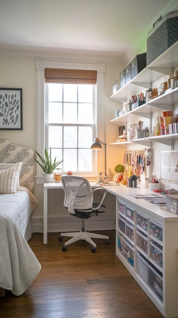 A cozy guest room transforms into a vibrant craft and office haven, seamlessly blending work, creativity, and relaxation.
