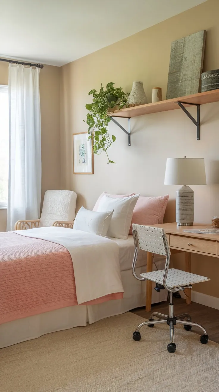 A functional and stylish guest room cleverly incorporates a craft space, offering both relaxation and creative inspiration.