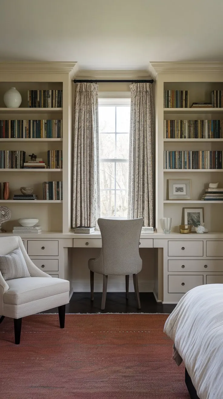 A beige-walled guest room cleverly combines comfort with creativity, featuring a desk, bookshelves, and a welcoming atmosphere perfect for crafting or relaxing.