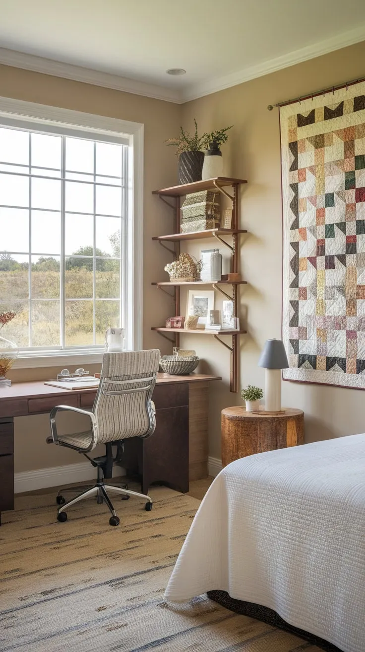 Escape to a calming beige haven where a cozy bed and inspiring craft space coexist, overlooking a picturesque landscape.