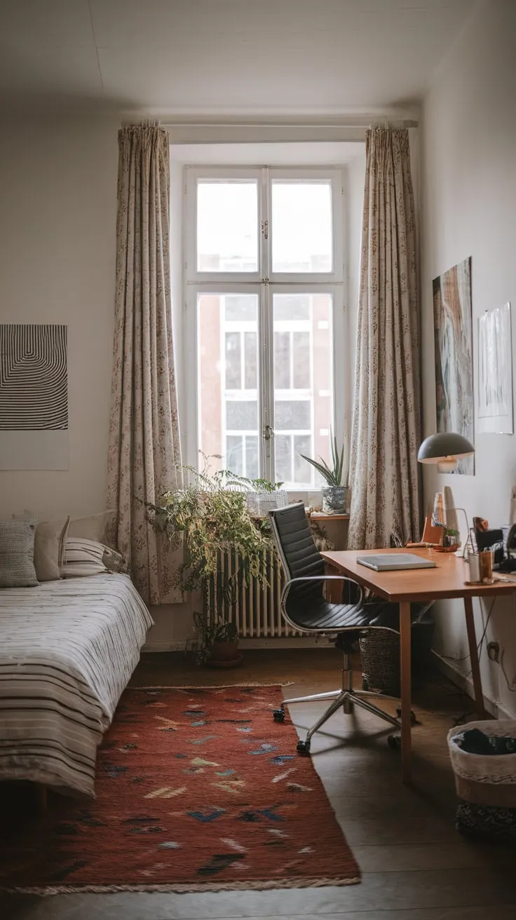 A cozy guest room cleverly combines sleeping and crafting areas, offering a tranquil space for relaxation and creativity.