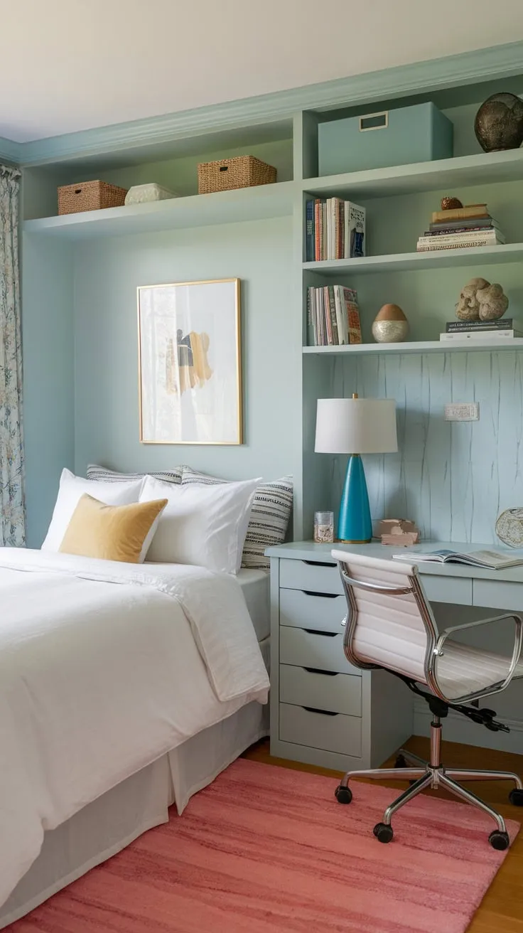 A serene light blue guest room transforms into a functional craft haven with a queen bed, desk, and bookshelf, all complemented by pops of yellow and pink.