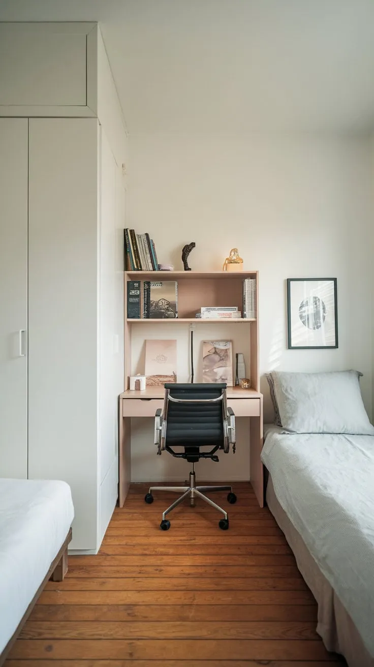 A minimalist apartment seamlessly blends a twin bed and a workspace, creating a functional guest room office combo.