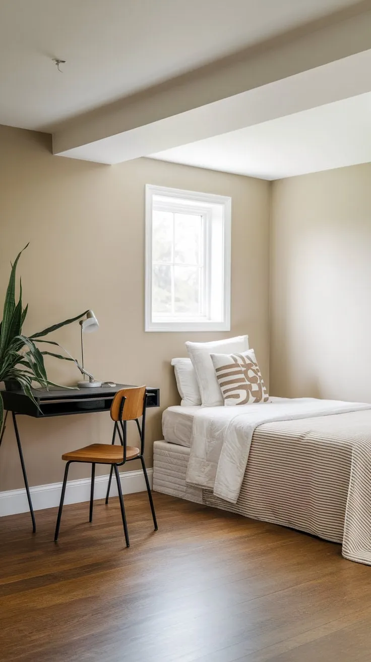 Hardwood floors and beige walls create a calming atmosphere in this efficient guest room office combo.