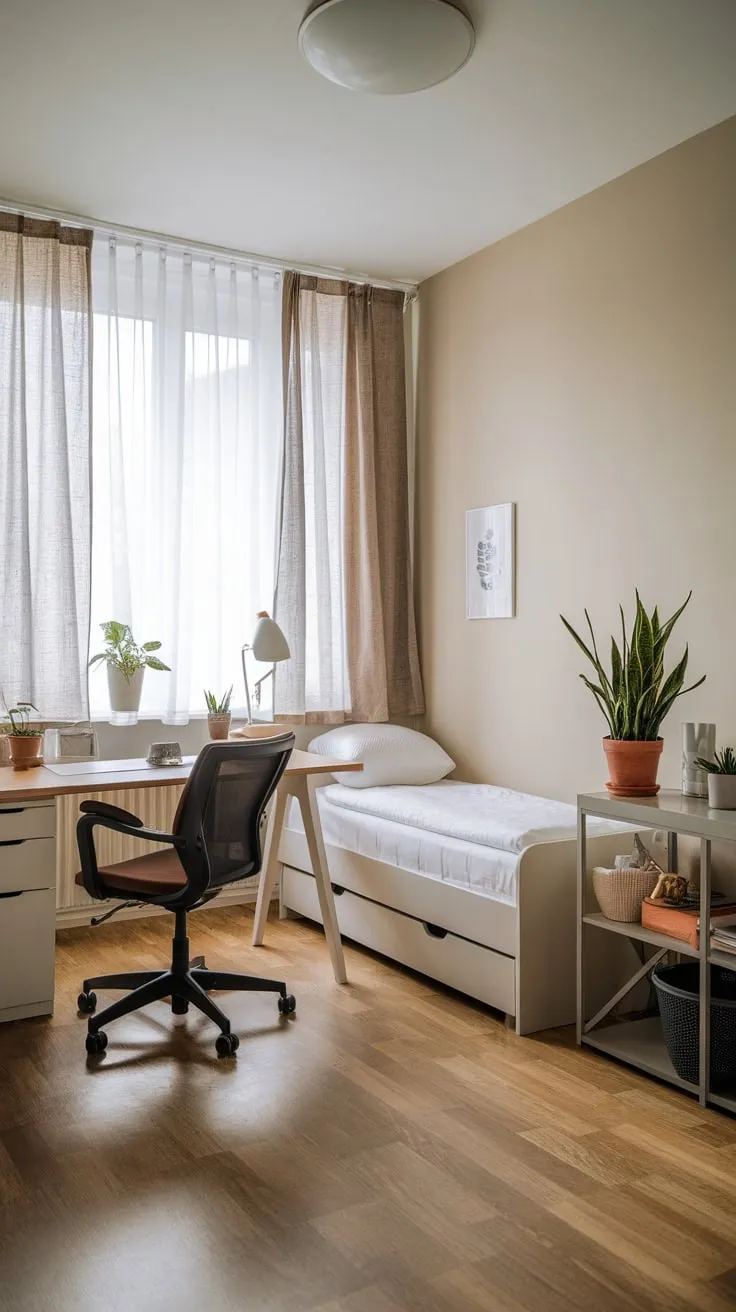 A minimalist apartment boasts a functional guest room office combo featuring a twin bed and a neatly organized desk, maximizing space and style.