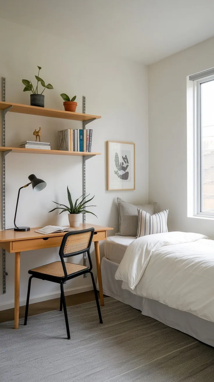 A minimalist haven seamlessly blends a twin guest bed and a functional home office, bathed in natural light and accented with wood and grey.