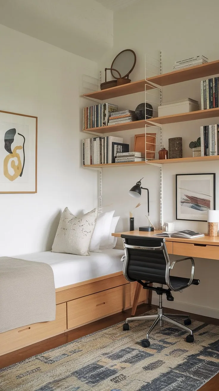 Transform your spare room into a versatile haven with this apartment guest room office.  A twin bed office guest room setup offers the best of both worlds – a cozy sleeping space and a functional home office with guest bed. This basement office guest room combo (or any small space!) proves that a minimal guest room can be both stylish and practical.