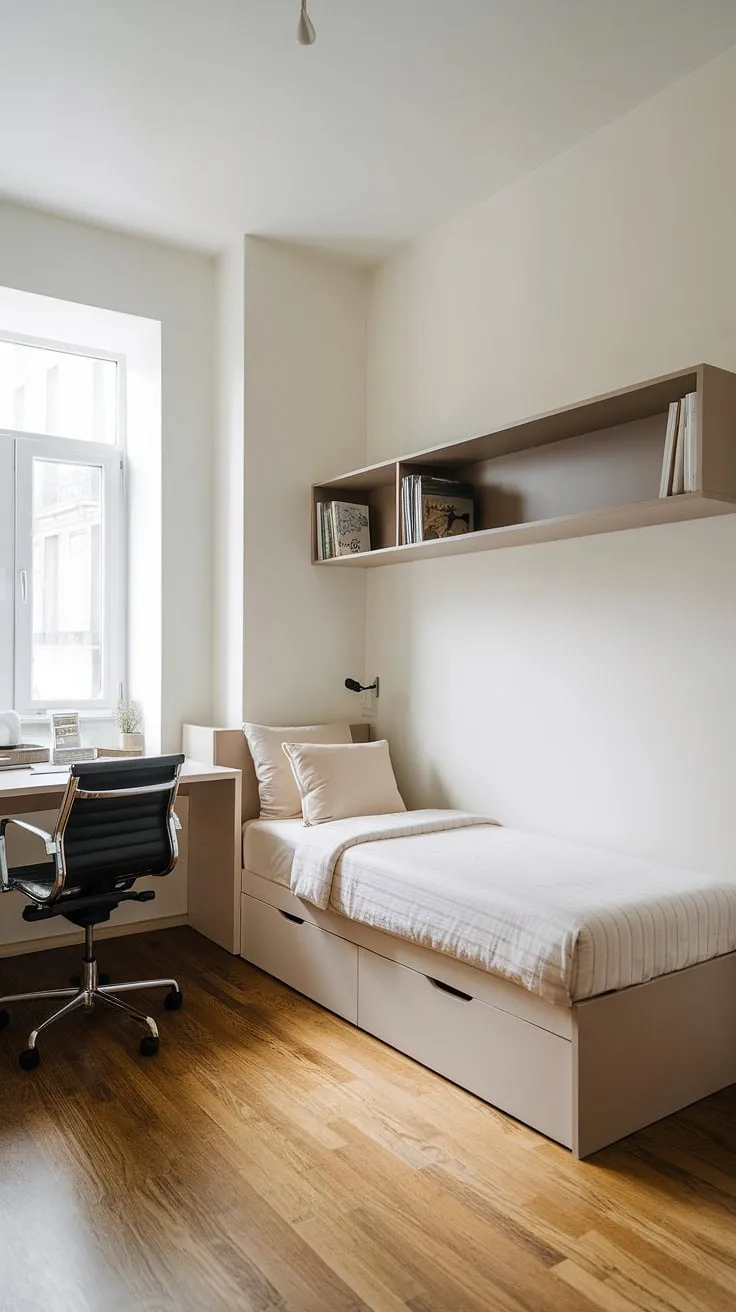 This minimalist guest room office combo perfectly balances functionality and style.  The twin bed and compact desk create a versatile space ideal for both overnight guests and focused work, proving that even a small apartment can accommodate a spare room study.  Clever design maximizes space, offering inspiring guest bedroom office ideas for those seeking a home office with guest bed solution.