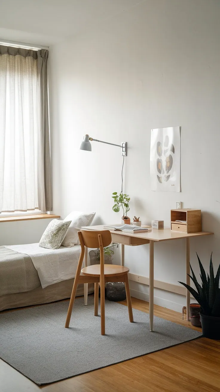 This minimalist guest room office combo perfectly balances functionality and style.  The twin bed and compact desk create a versatile space ideal for both overnight guests and focused work, proving that even a small apartment can accommodate a spare room study.  This is a prime example of smart guest bedroom office ideas, showcasing how a home office with guest bed can be both practical and aesthetically pleasing.