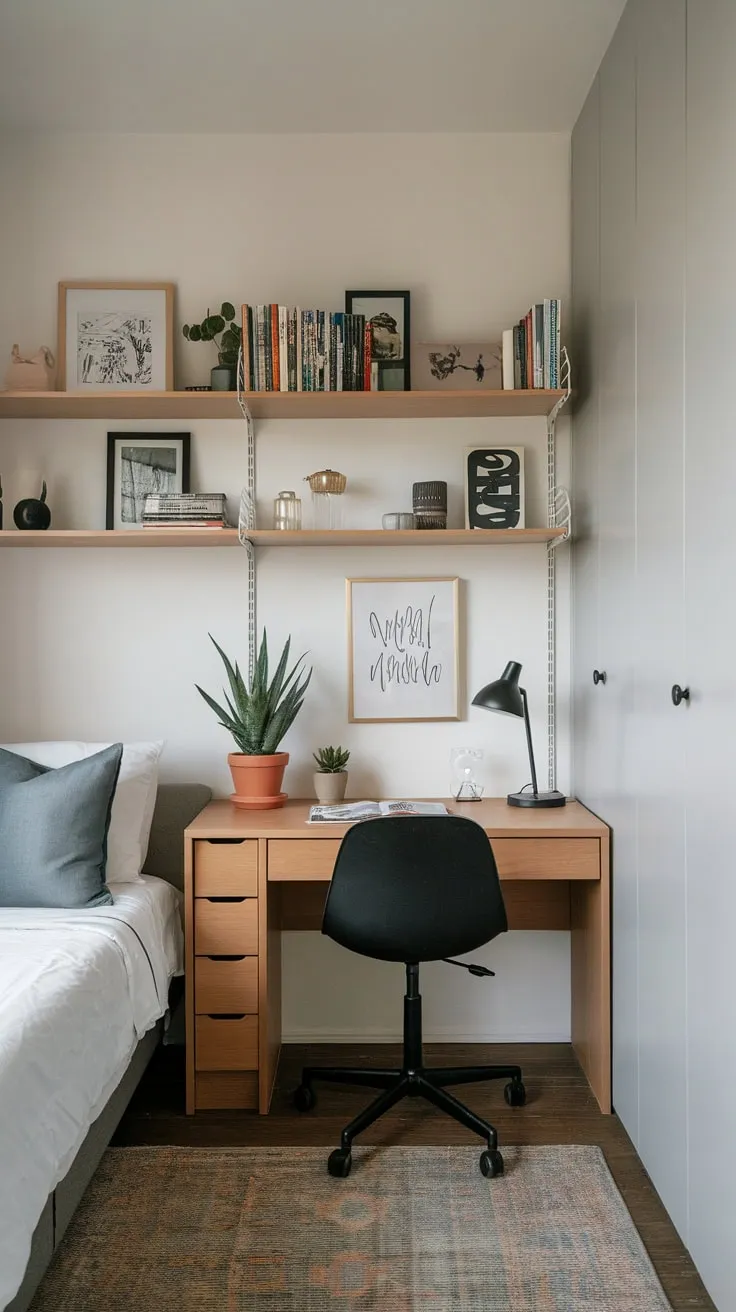Maximize space with a compact yet elegant guest room office combo featuring a twin bed and a well-organized desk.
