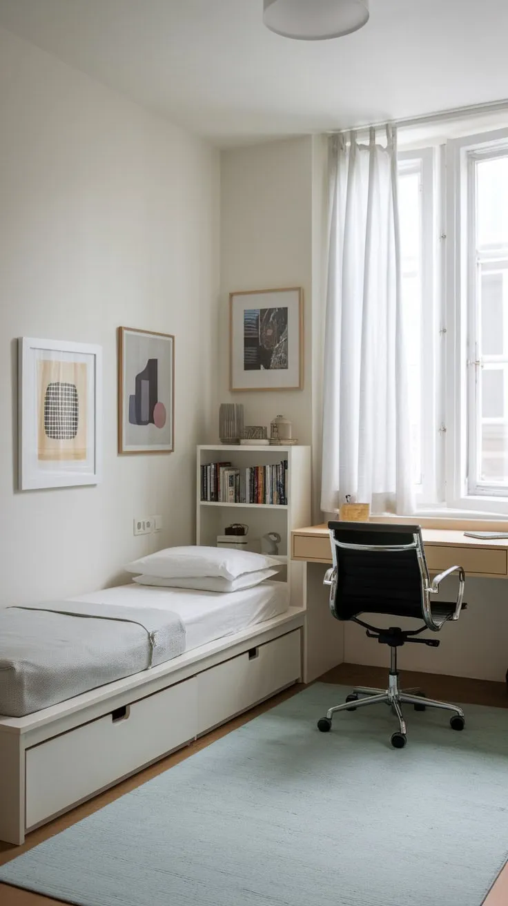 A light blue rug anchors a white-walled guest room office, featuring a twin bed, desk, and bookshelf for efficient, stylish living.