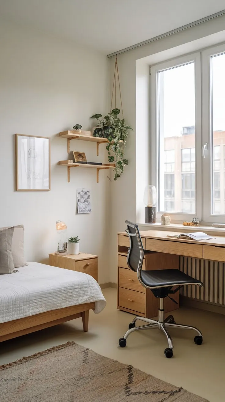 A minimalist apartment seamlessly blends a twin bed and a workspace, maximizing space and style.