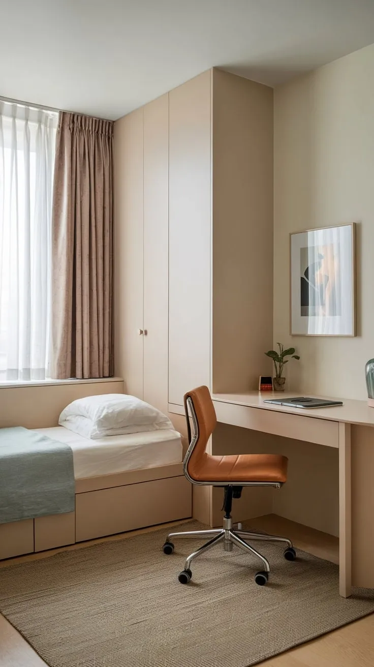 A minimalist apartment seamlessly blends a twin bed and workspace, maximizing small-space living.