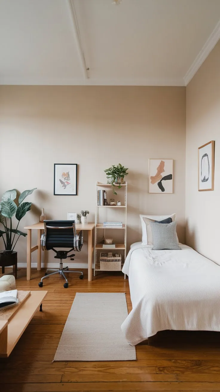 A minimalist apartment seamlessly blends a twin bed and a workspace, creating a functional and stylish guest room office combo.