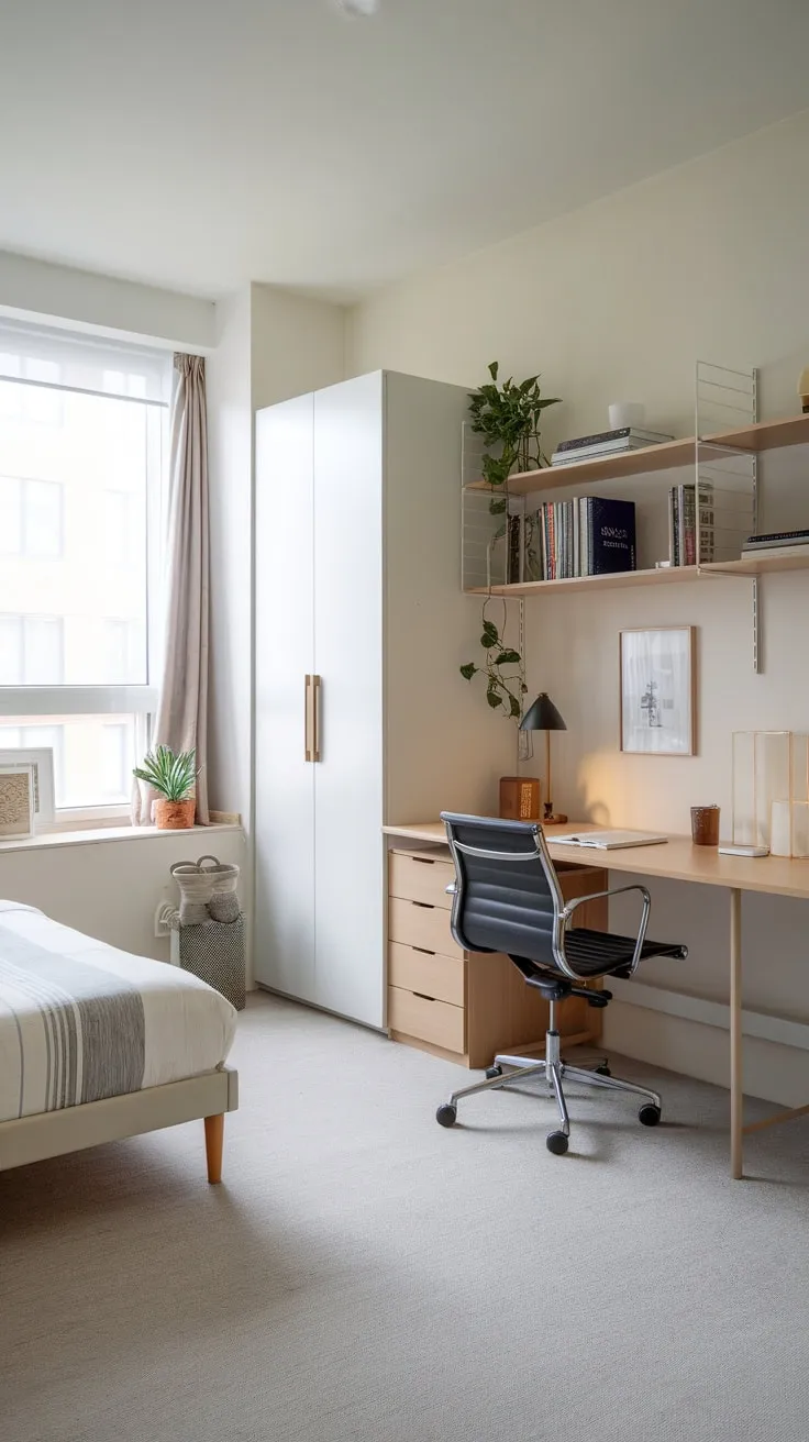 A small apartment maximizes space with a calming white and grey guest room office featuring a twin bed, desk, and essential storage.