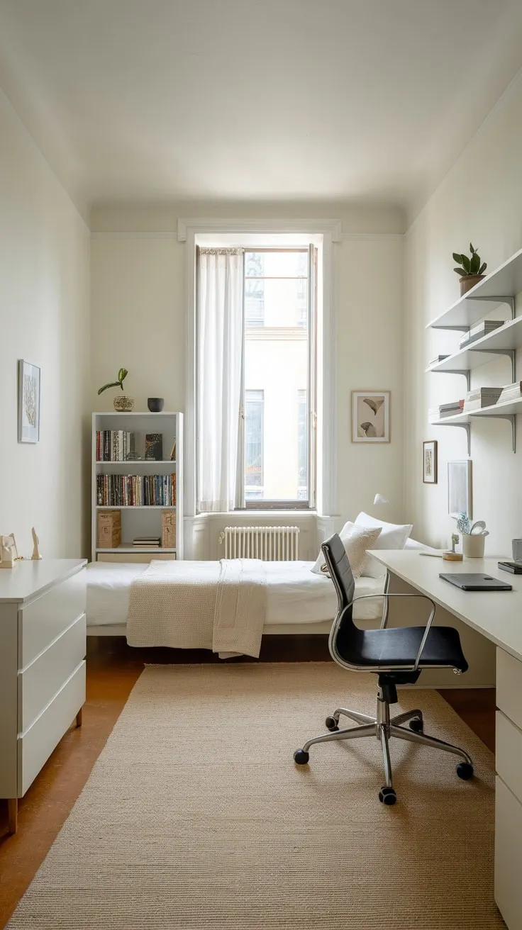 Transform a small space into a stylish and practical guest room office with a twin bed, desk, and minimal furnishings.
