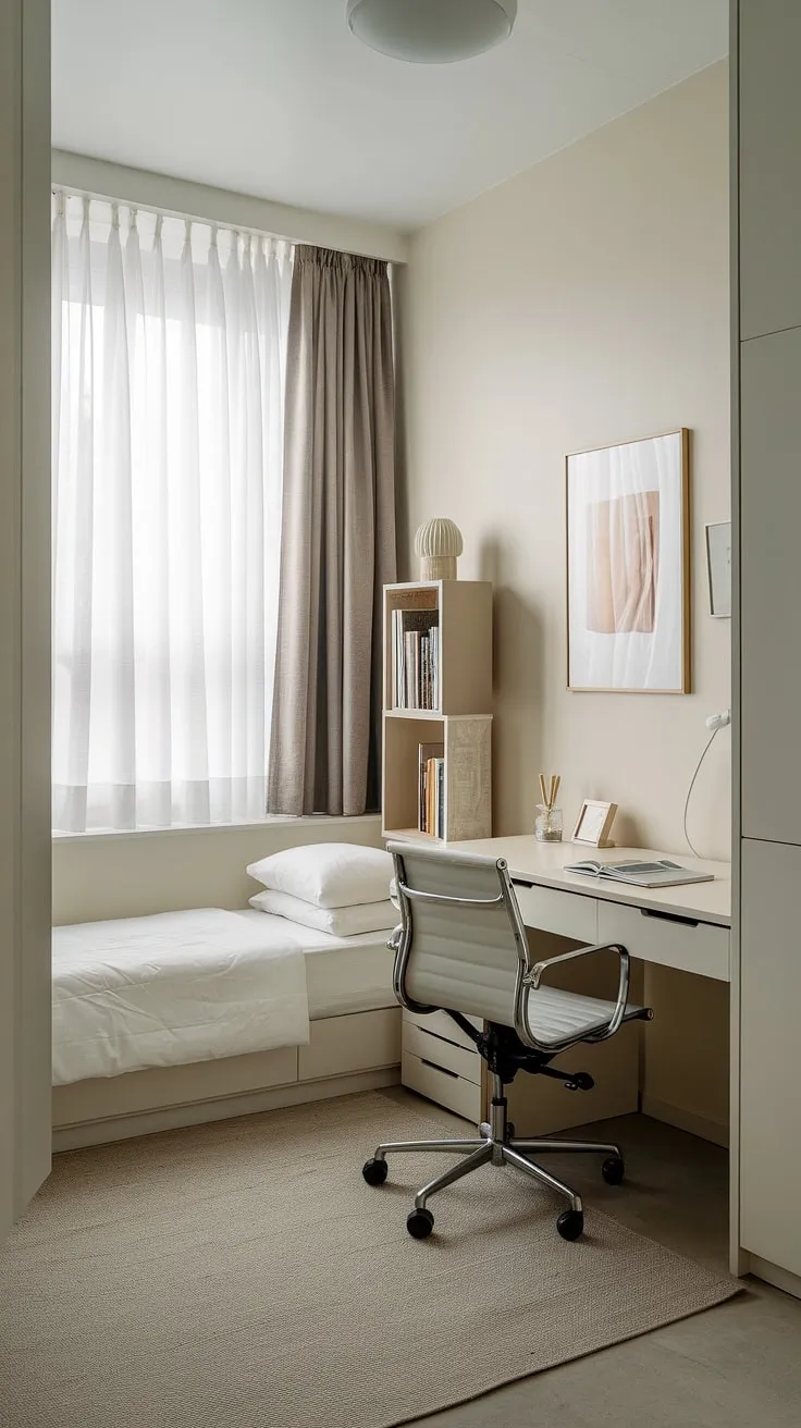 Transform your spare room into a versatile guest bedroom office ideas haven. This twin bed office guest room showcases a clever blend of functionality and minimalism, perfect for a small apartment or even a basement office guest room combo.  A minimal guest room doesn't have to compromise on comfort or practicality.