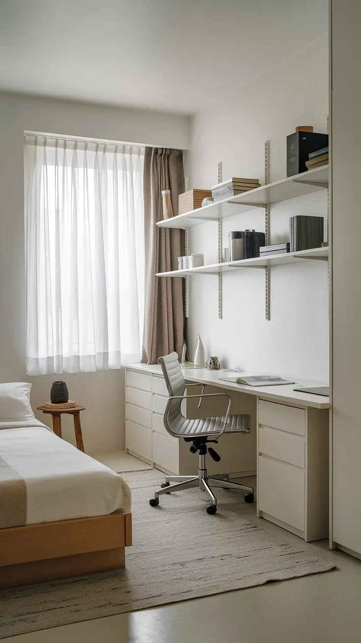 Transforming a small space into a versatile haven: this apartment guest room office showcases the beauty of a minimalist guest room.  The clever design seamlessly integrates a workspace and sleeping area, making it a perfect basement office guest room combo or a practical twin bed office guest room.  Find inspiration for your own guest bedroom office ideas here.