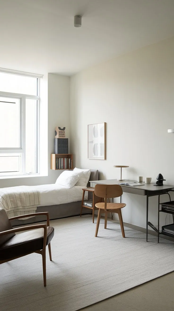This minimal guest room effortlessly blends functionality and calm.  A perfect example of a guest room office combo, this apartment guest room office is a testament to efficient design.  The twin bed office guest room arrangement makes the most of limited square footage, offering a practical spare room study and inspiring guest bedroom office ideas.  Consider this a blueprint for your own home office with guest bed, even if you're working with a basement office guest room combo.