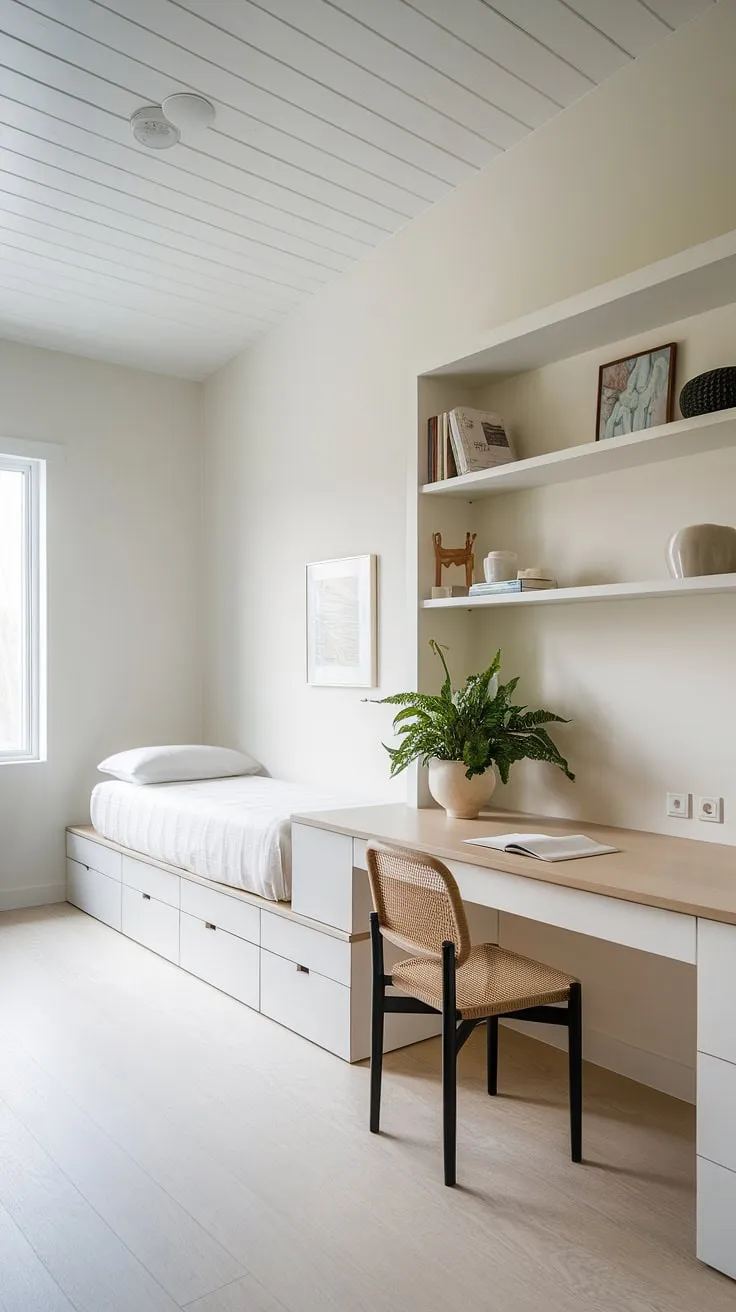 This minimalist guest room office combo seamlessly blends functionality and style.  The built-in desk and shelves maximize space, creating a perfect spare room study or apartment guest room office.  Ideal for guest bedroom office ideas, this design proves that a home office with guest bed doesn't have to compromise on aesthetics.  A twin bed office guest room solution, perfect for smaller spaces.