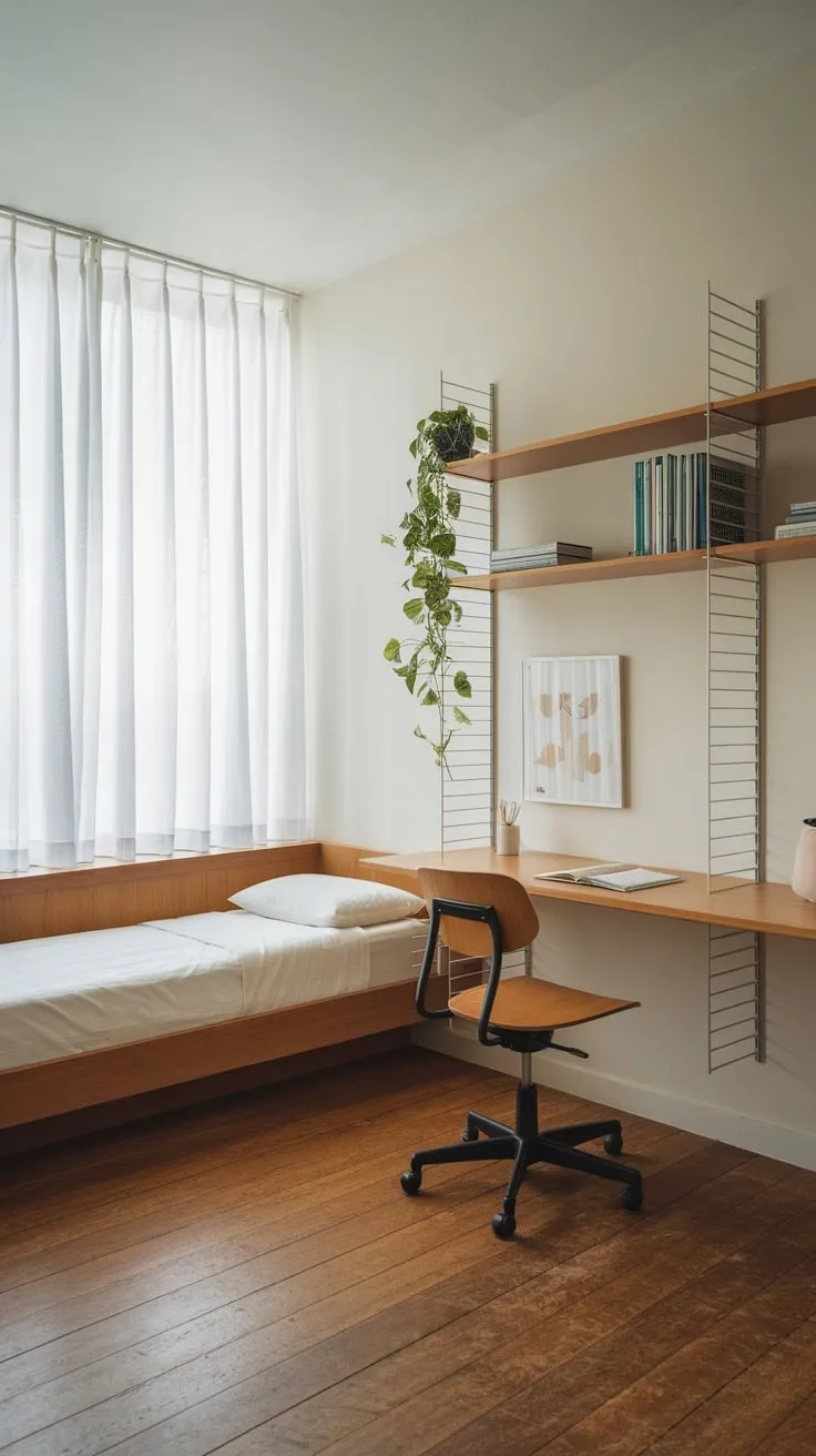 A minimalist apartment boasts a serene guest room office combo featuring a twin bed, desk, and ample natural light.