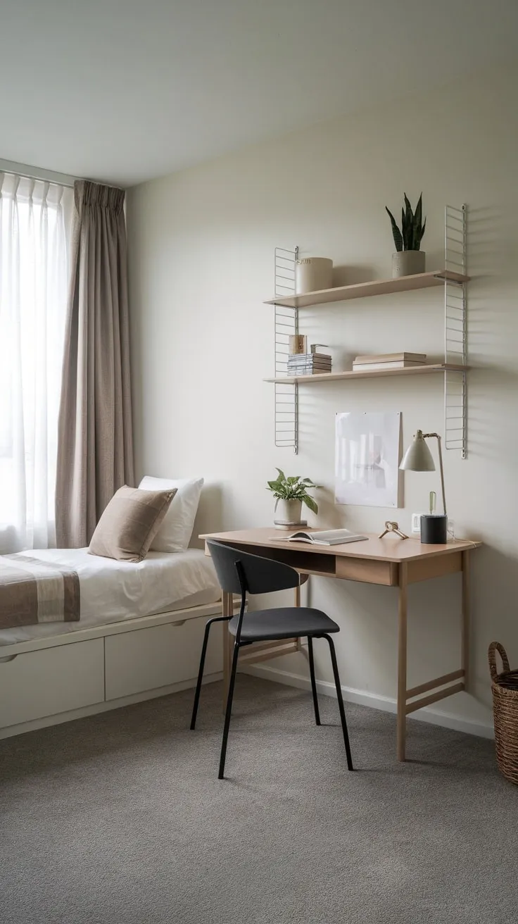 A compact yet stylish guest room office maximizes space with a twin bed, desk, and minimalist decor in a white-walled apartment.