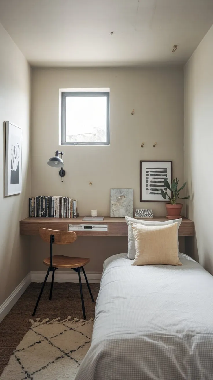 A minimalist beige guest room seamlessly blends a twin bed and a workspace, creating a functional yet stylish guest room office combo.