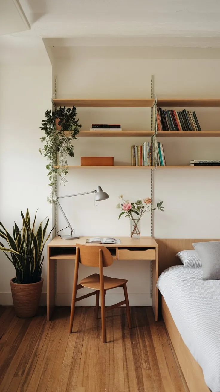 A minimalist apartment seamlessly blends a twin bed and a charmingly decorated workspace into one functional guest room office.