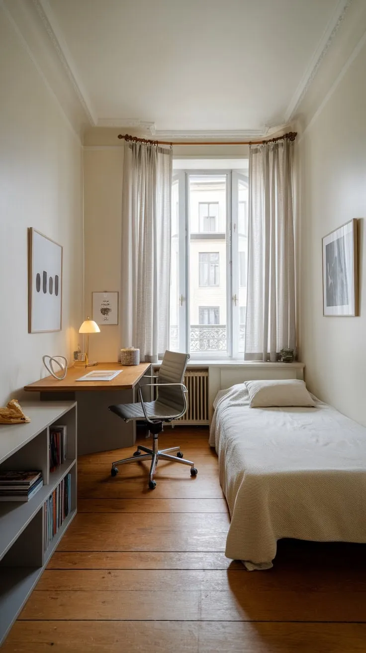 White walls and wood floors enhance the calm, functional design of this compact guest room office.